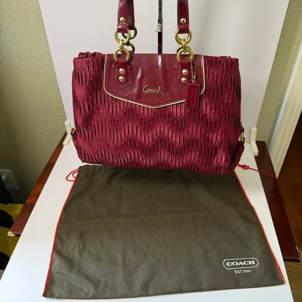 Coach Ashley Gathered Twist Satin Satchel Burgundy Patent Leather Bag F20050